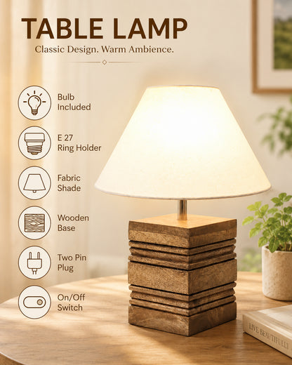 Wood Table Lamp, Modern Base Fabric Lampshade for Home Office Cafe Restaurant, Rib Cube