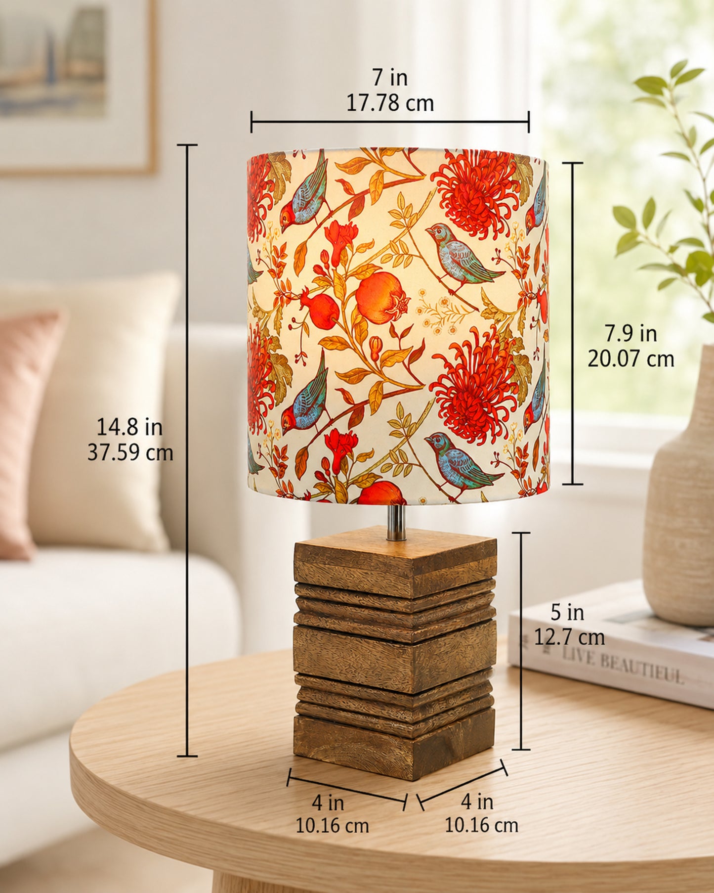 Wood Table Lamp, Modern Base Fabric Lampshade for Home Office Cafe Restaurant, Rib Cube