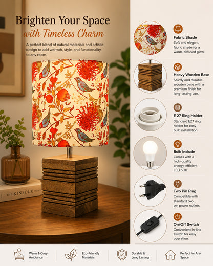 Wood Table Lamp, Modern Base Fabric Lampshade for Home Office Cafe Restaurant, Rib Cube