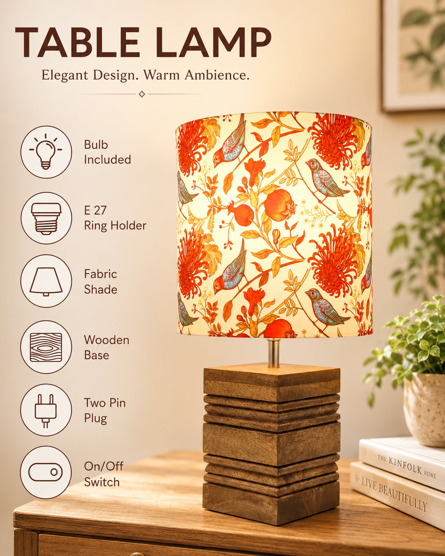 Wood Table Lamp, Modern Base Fabric Lampshade for Home Office Cafe Restaurant, Rib Cube