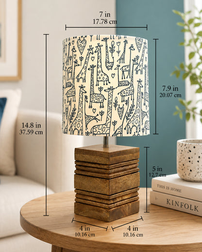 Wood Table Lamp, Modern Base Fabric Lampshade for Home Office Cafe Restaurant, Rib Cube
