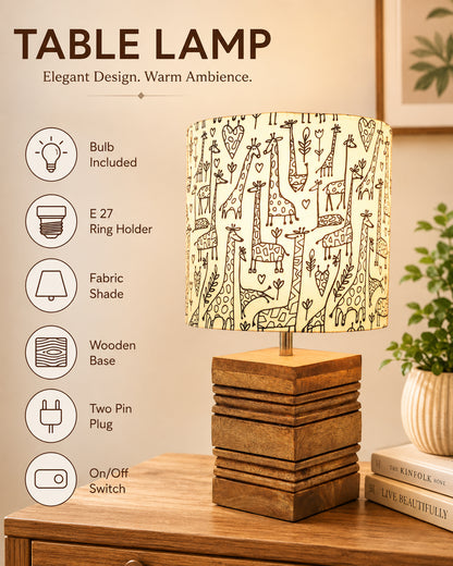 Wood Table Lamp, Modern Base Fabric Lampshade for Home Office Cafe Restaurant, Rib Cube