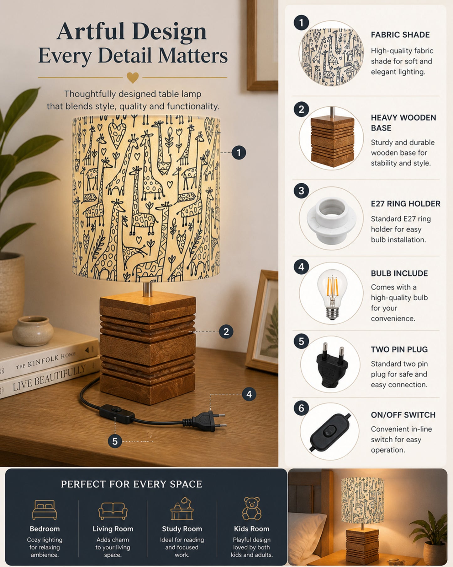 Wood Table Lamp, Modern Base Fabric Lampshade for Home Office Cafe Restaurant, Rib Cube
