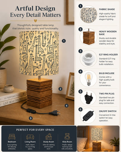 Wood Table Lamp, Modern Base Fabric Lampshade for Home Office Cafe Restaurant, Rib Cube