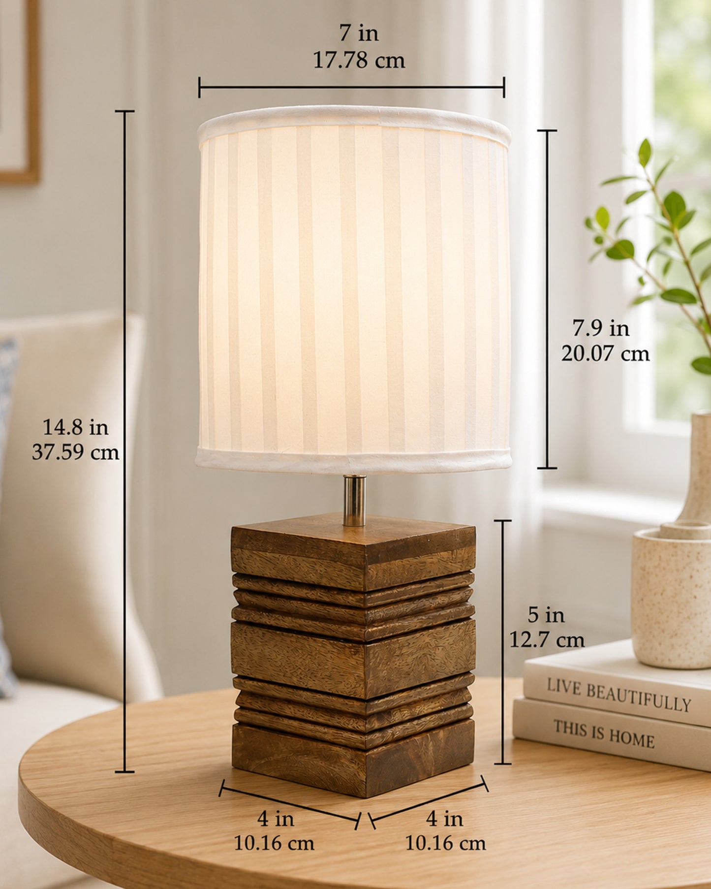 Wood Table Lamp, Modern Base Fabric Lampshade for Home Office Cafe Restaurant, Rib Cube