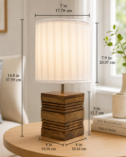 Wood Table Lamp, Modern Base Fabric Lampshade for Home Office Cafe Restaurant, Rib Cube