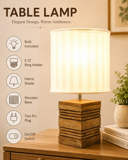Wood Table Lamp, Modern Base Fabric Lampshade for Home Office Cafe Restaurant, Rib Cube