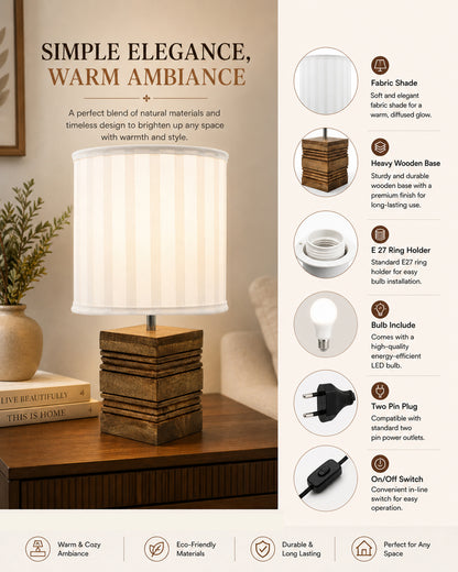 Wood Table Lamp, Modern Base Fabric Lampshade for Home Office Cafe Restaurant, Rib Cube