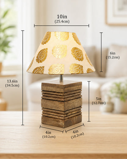 Wood Table Lamp, Modern Base Fabric Lampshade for Home Office Cafe Restaurant, Rib Cube