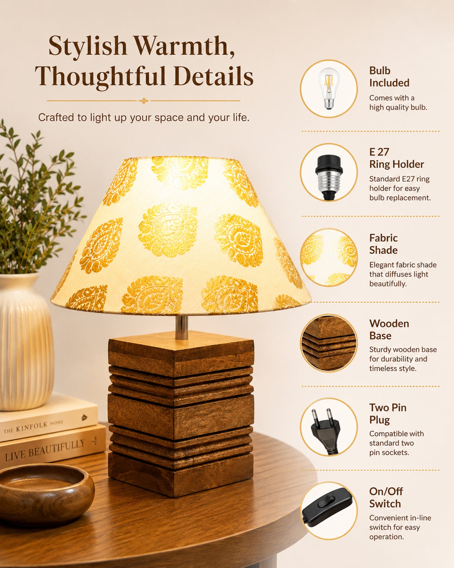 Wood Table Lamp, Modern Base Fabric Lampshade for Home Office Cafe Restaurant, Rib Cube