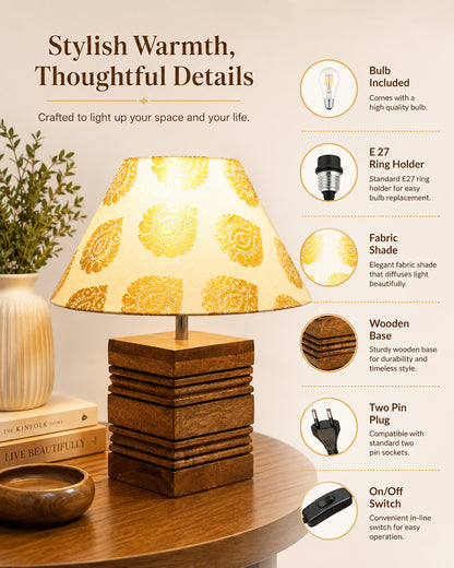 Wood Table Lamp, Modern Base Fabric Lampshade for Home Office Cafe Restaurant, Rib Cube