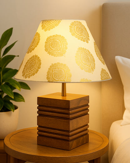 Wood Table Lamp, Modern Base Fabric Lampshade for Home Office Cafe Restaurant, Rib Cube