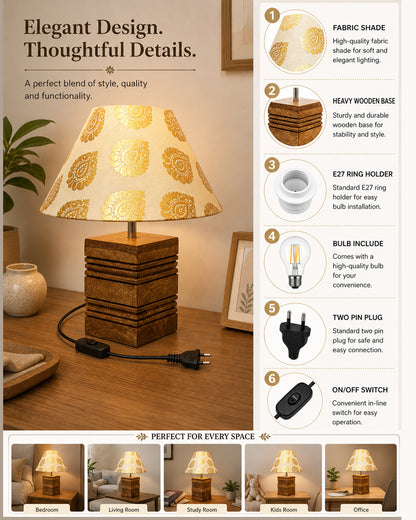 Wood Table Lamp, Modern Base Fabric Lampshade for Home Office Cafe Restaurant, Rib Cube