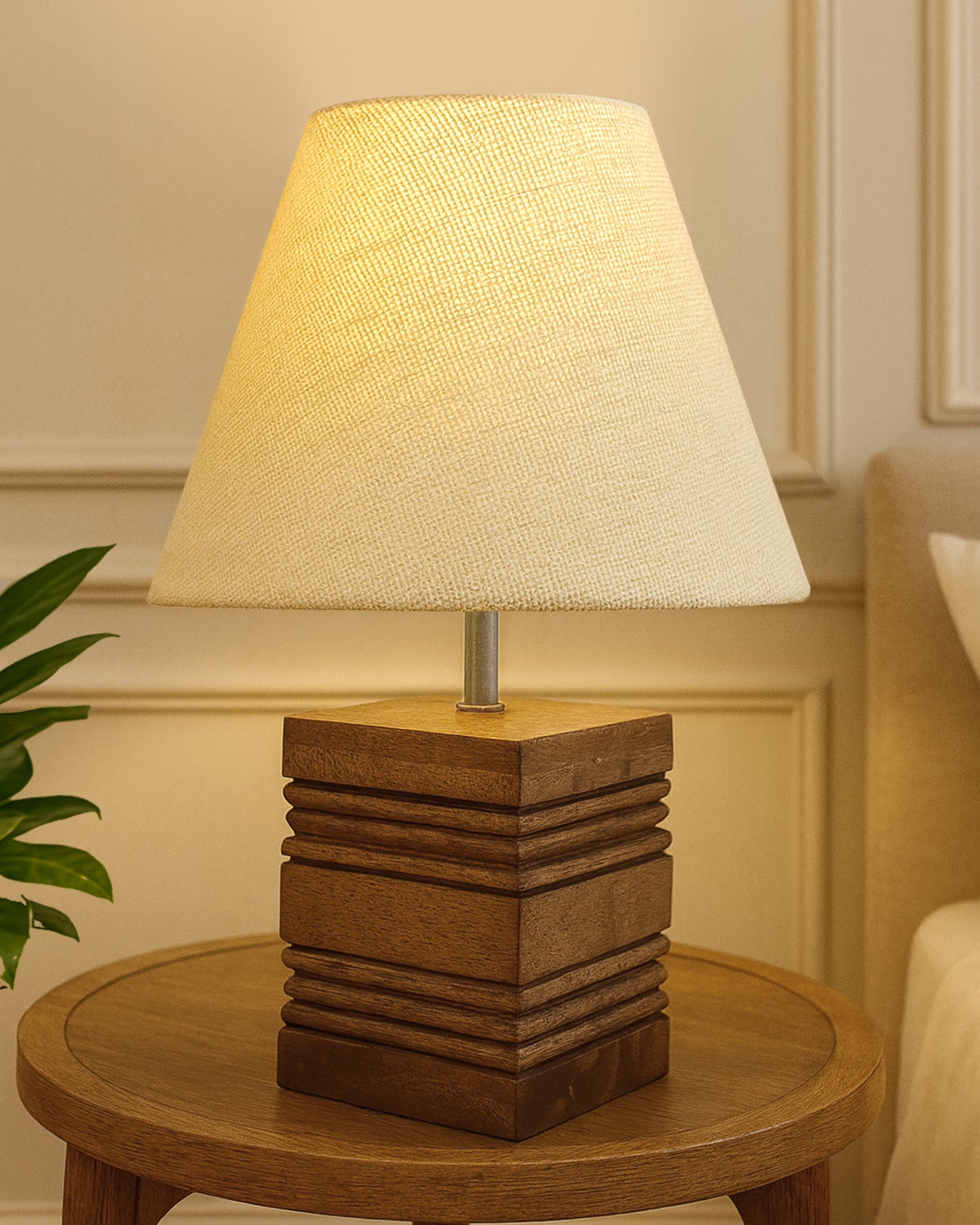 Wood Table Lamp, Modern Base Fabric Lampshade for Home Office Cafe Restaurant, Rib Cube