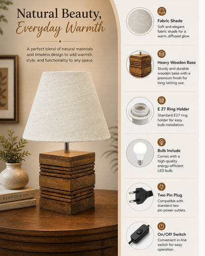 Wood Table Lamp, Modern Base Fabric Lampshade for Home Office Cafe Restaurant, Rib Cube