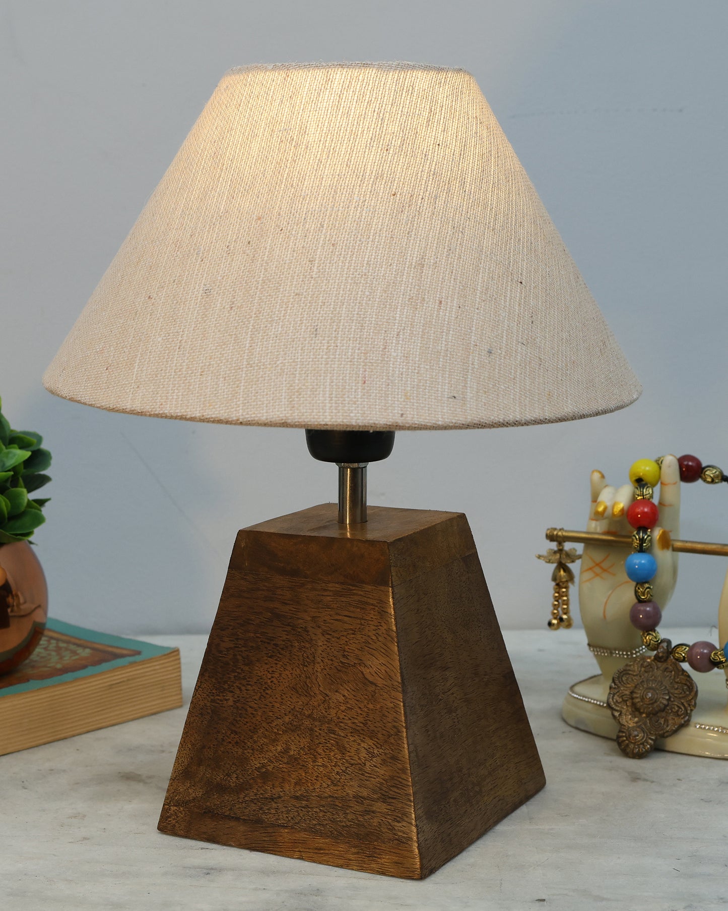 Wood Table Lamp, Modern Base Fabric Lampshade for Home Office Cafe Restaurant, Pyramid