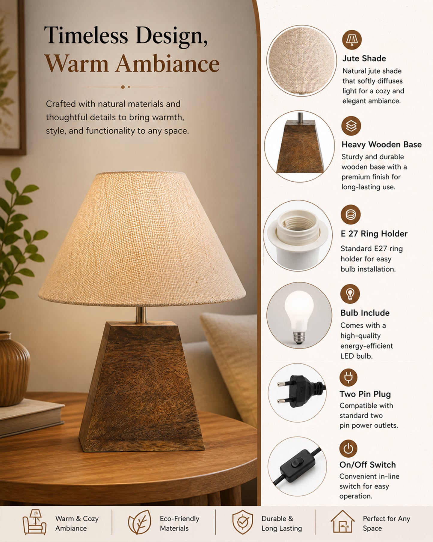 Wood Table Lamp, Modern Base Fabric Lampshade for Home Office Cafe Restaurant, Rib Cube