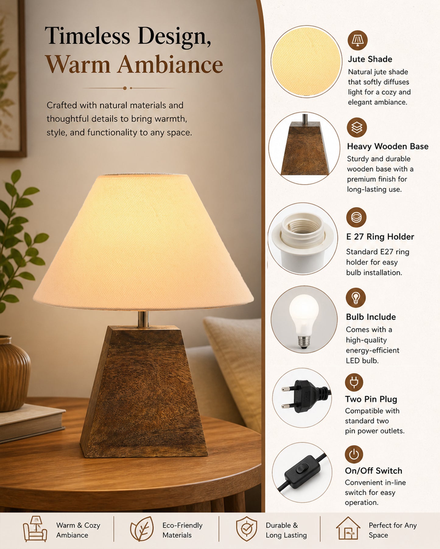 Wood Table Lamp, Modern Base Fabric Lampshade for Home Office Cafe Restaurant, Pyramid