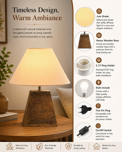 Wood Table Lamp, Modern Base Fabric Lampshade for Home Office Cafe Restaurant, Rib Cube