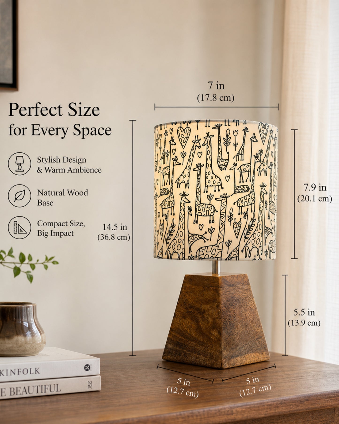Wood Table Lamp, Modern Base Fabric Lampshade for Home Office Cafe Restaurant, Pyramid