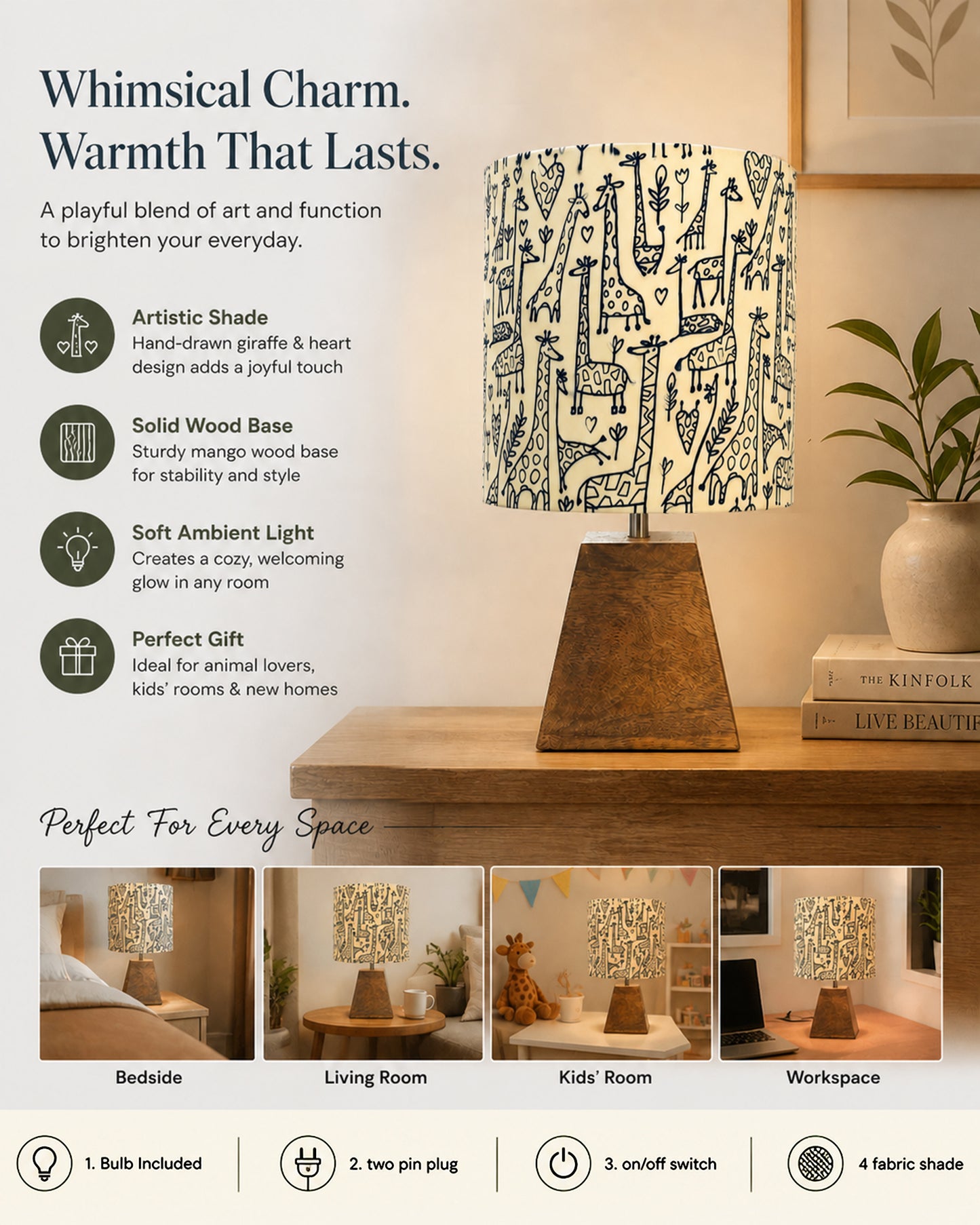 Wood Table Lamp, Modern Base Fabric Lampshade for Home Office Cafe Restaurant, Pyramid