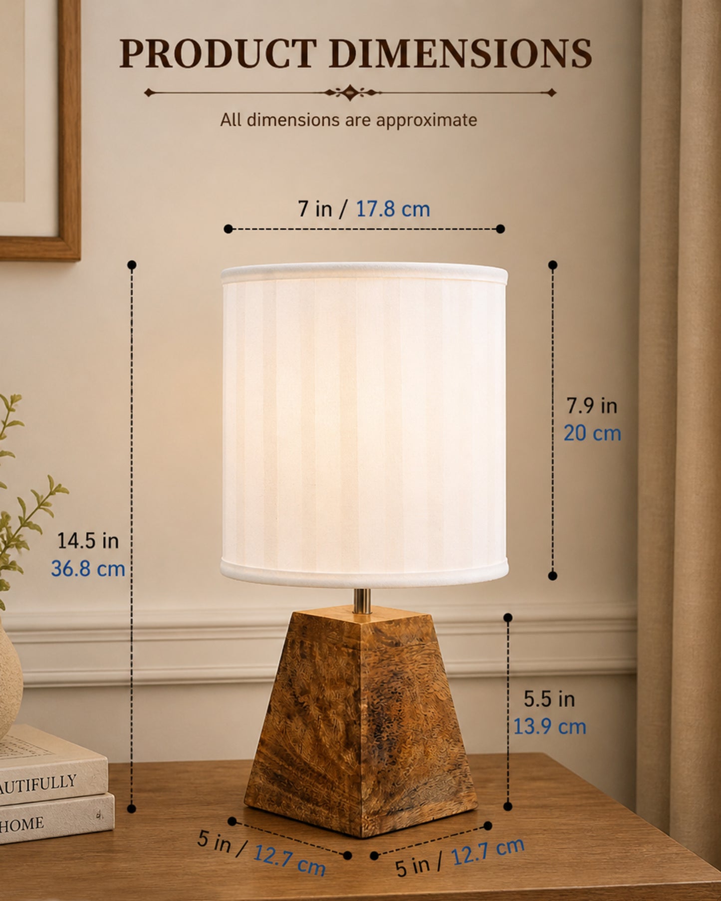 Wood Table Lamp, Modern Base Fabric Lampshade for Home Office Cafe Restaurant, Pyramid