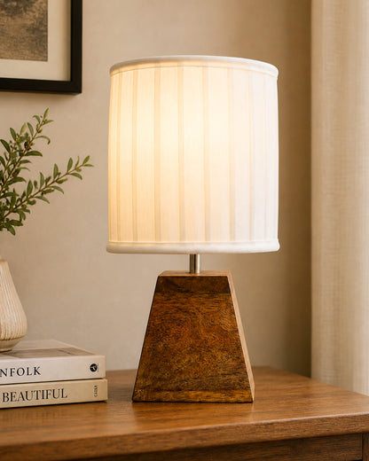 Wood Table Lamp, Modern Base Fabric Lampshade for Home Office Cafe Restaurant, Pyramid