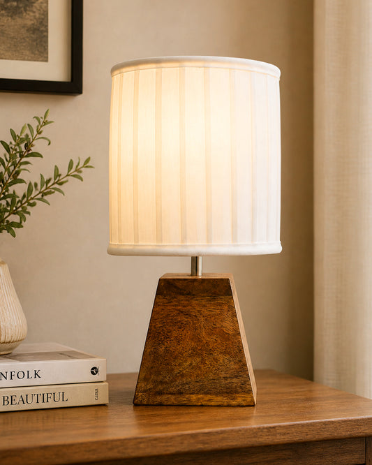 Wood Table Lamp, Modern Base Fabric Lampshade for Home Office Cafe Restaurant, Pyramid