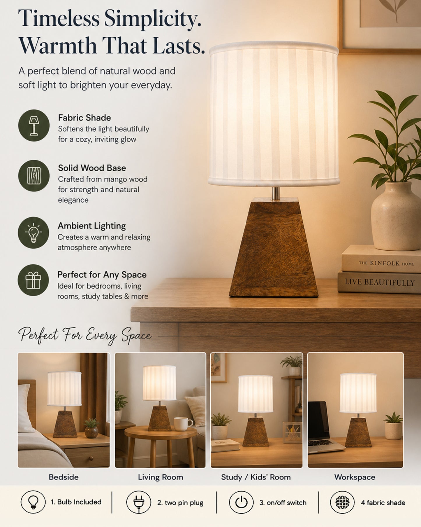 Wood Table Lamp, Modern Base Fabric Lampshade for Home Office Cafe Restaurant, Pyramid
