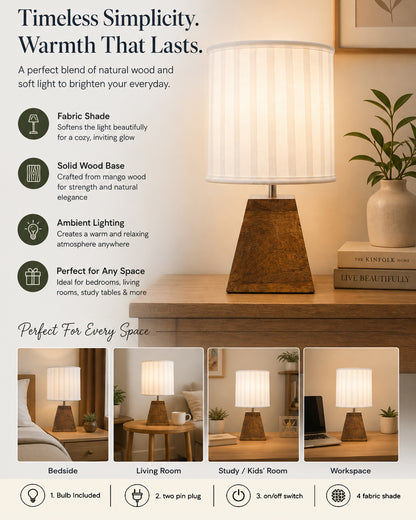 Wood Table Lamp, Modern Base Fabric Lampshade for Home Office Cafe Restaurant, Pyramid