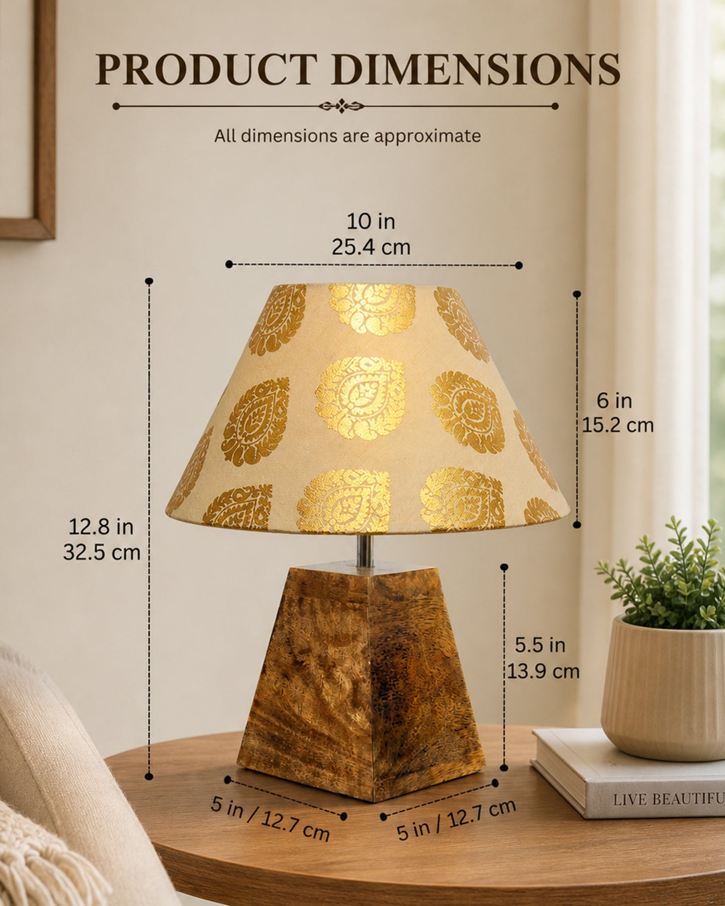 Wood Table Lamp, Modern Base Fabric Lampshade for Home Office Cafe Restaurant, Pyramid