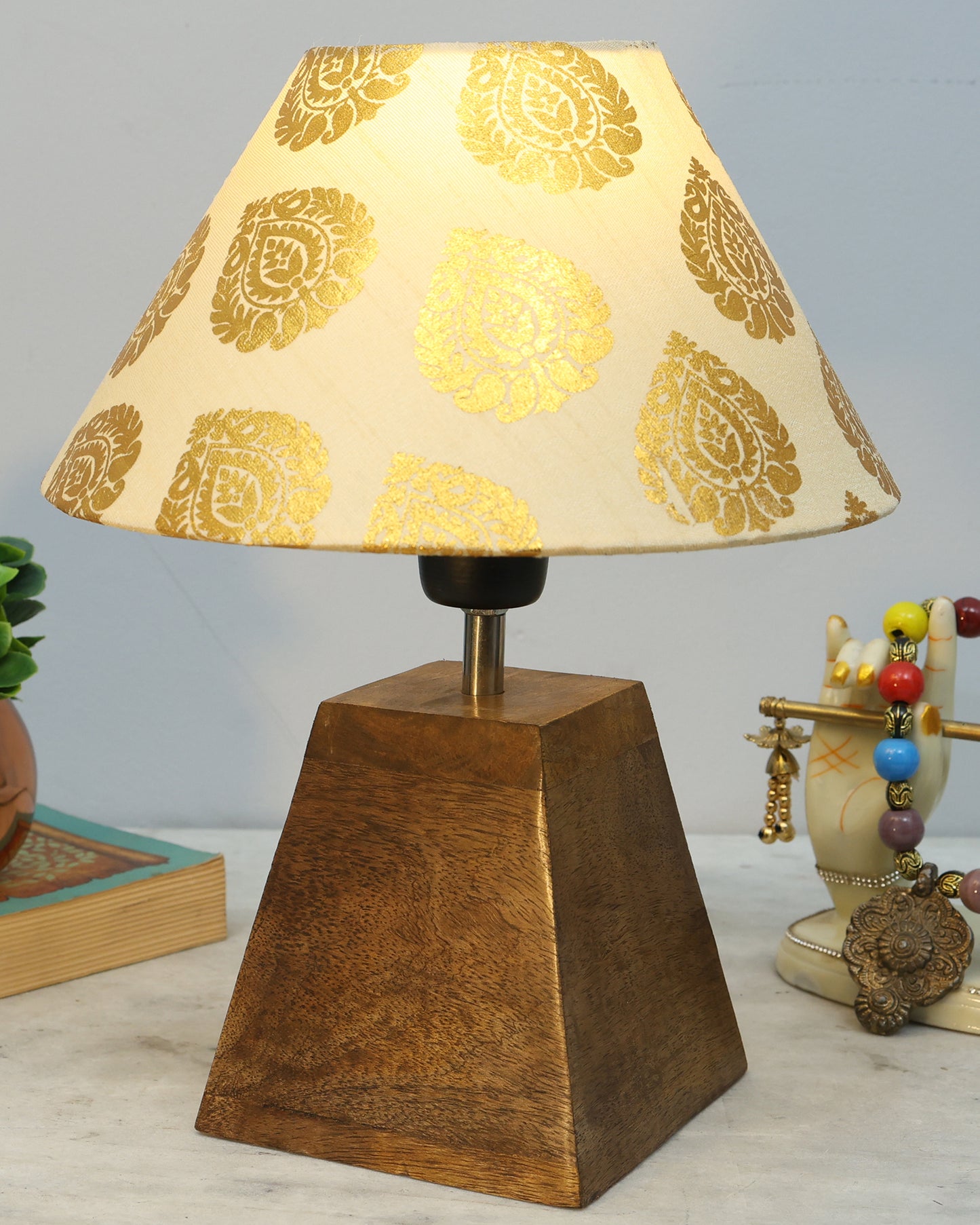 Wood Table Lamp, Modern Base Fabric Lampshade for Home Office Cafe Restaurant, Pyramid