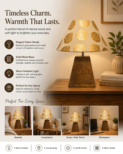 Wood Table Lamp, Modern Base Fabric Lampshade for Home Office Cafe Restaurant, Pyramid