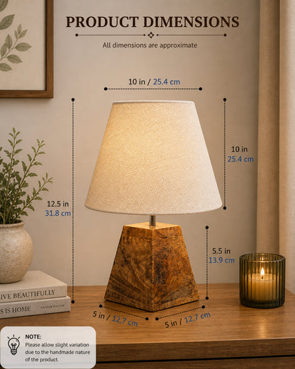 Wood Table Lamp, Modern Base Fabric Lampshade for Home Office Cafe Restaurant, Pyramid, White Jute