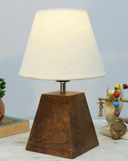 Wood Table Lamp, Modern Base Fabric Lampshade for Home Office Cafe Restaurant, Pyramid, White Jute