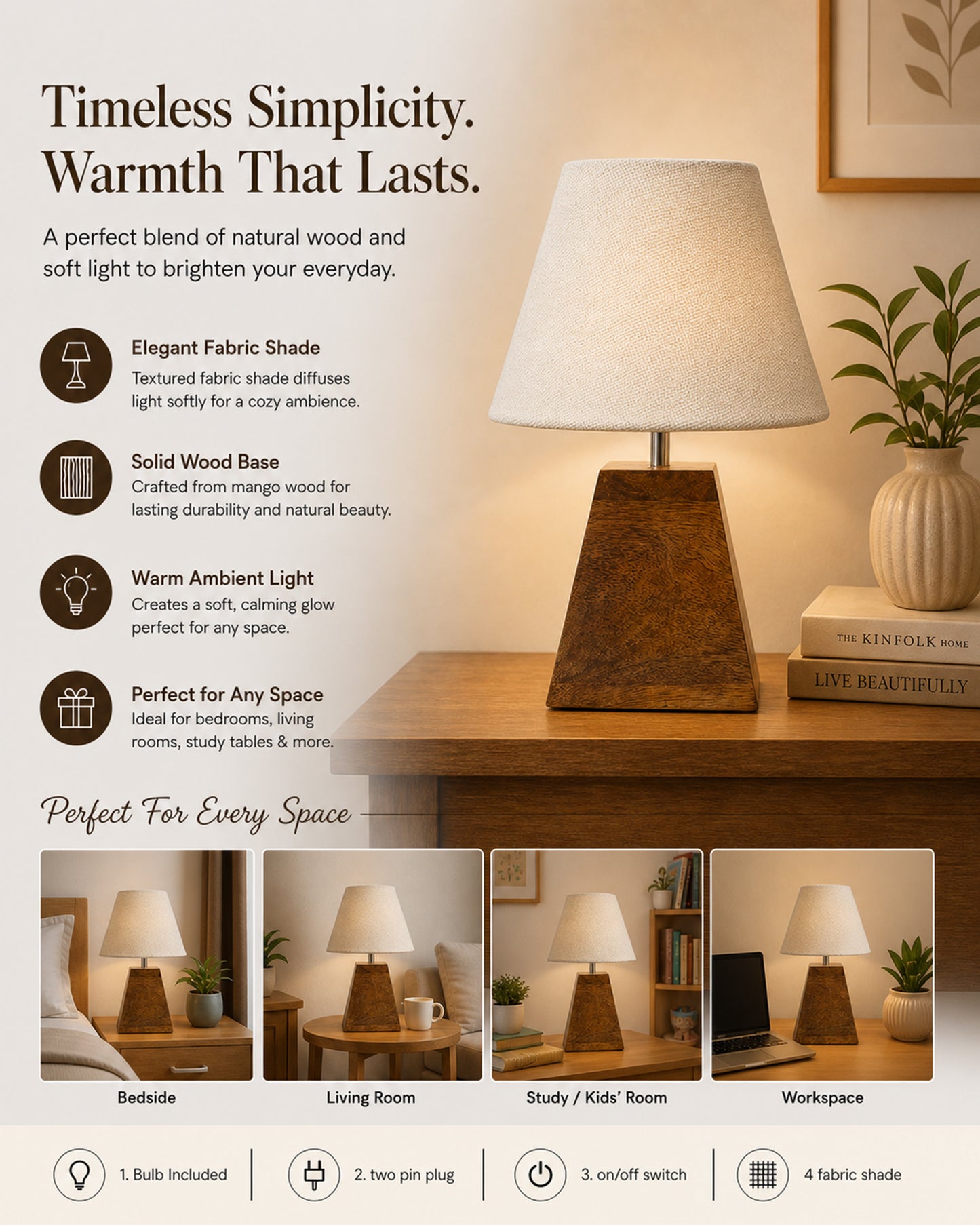 Wood Table Lamp, Modern Base Fabric Lampshade for Home Office Cafe Restaurant, Pyramid, White Jute