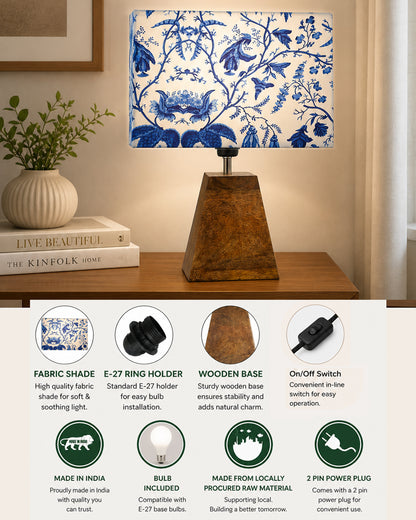 Wood Table Lamp, Modern Base Fabric Lampshade for Home Office Cafe Restaurant, Pyramid, Bird Square