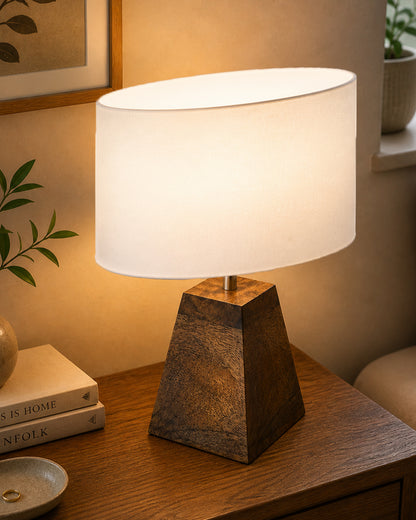 Wood Table Lamp, Modern Base Fabric Lampshade for Home Office Cafe Restaurant, Pyramid, Oval White