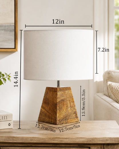 Wood Table Lamp, Modern Base Fabric Lampshade for Home Office Cafe Restaurant, Pyramid, Oval White
