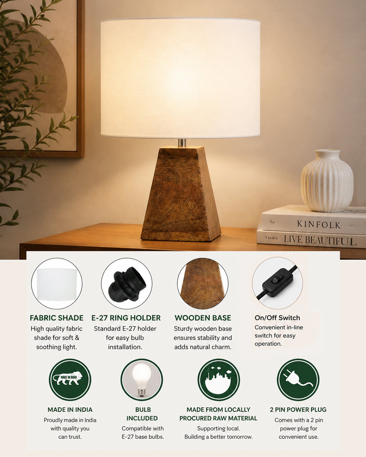 Wood Table Lamp, Modern Base Fabric Lampshade for Home Office Cafe Restaurant, Pyramid, Oval White