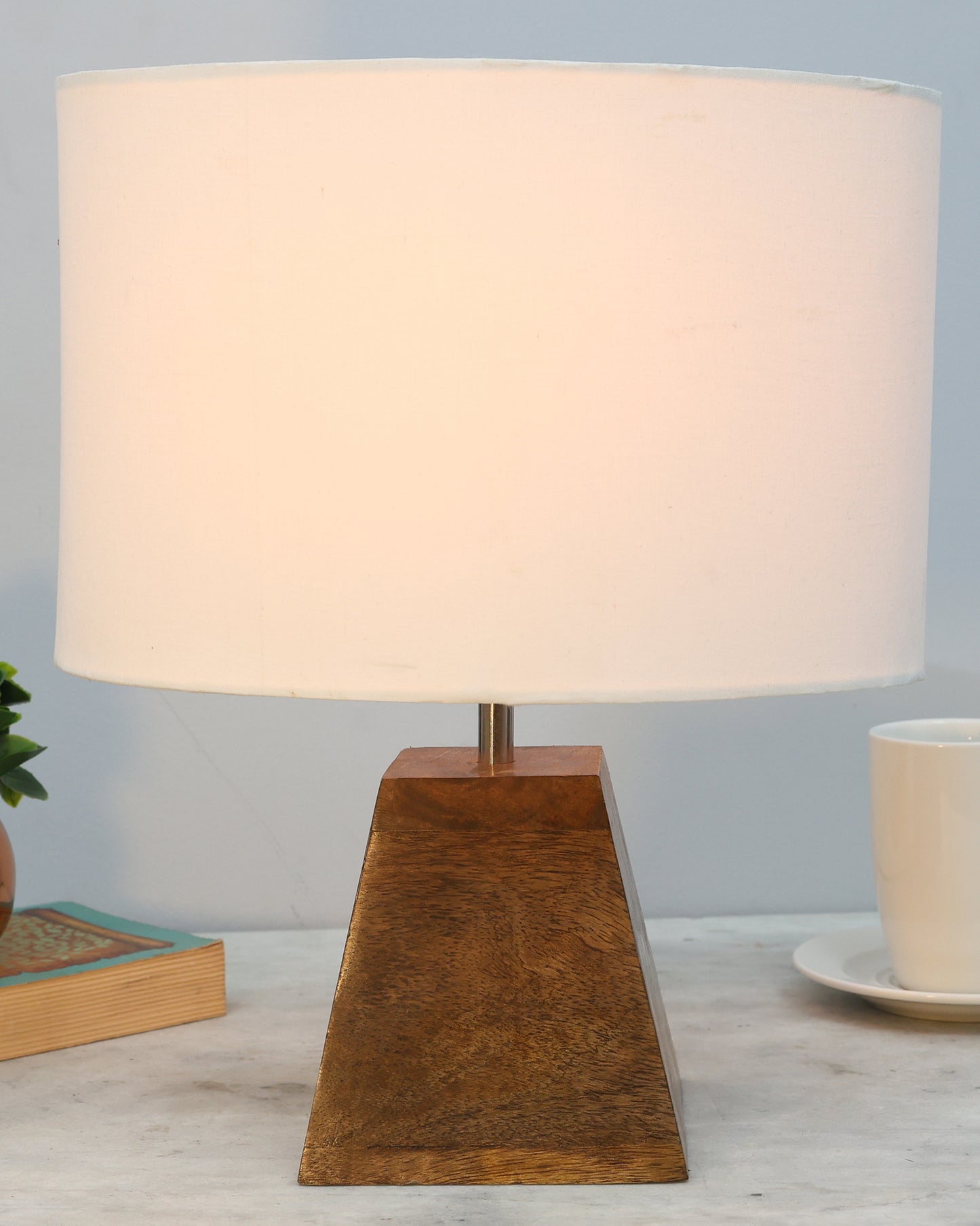 Wood Table Lamp, Modern Base Fabric Lampshade for Home Office Cafe Restaurant, Pyramid, Oval White