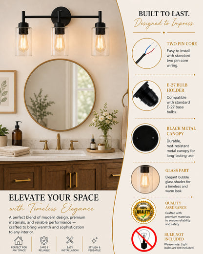 Black Wall Sconce,Modern Bathroom Wall Light Fixtures 3 Light Bathroom Vanity Light, Bathroom Lights Over Mirror, Farmhouse