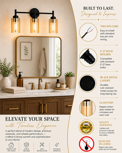 Black Wall Sconce,Modern Bathroom Wall Light Fixtures 3 Light Bathroom Vanity Light, Bathroom Lights Over Mirror, Farmhouse