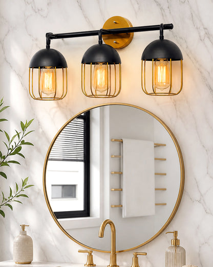Cage Wall Sconce,Modern Bathroom Wall Light Fixtures 3 Light Bathroom Vanity Light, Fixture for Bathroom Lights Over Mirror, Farmhouse Black and Gold