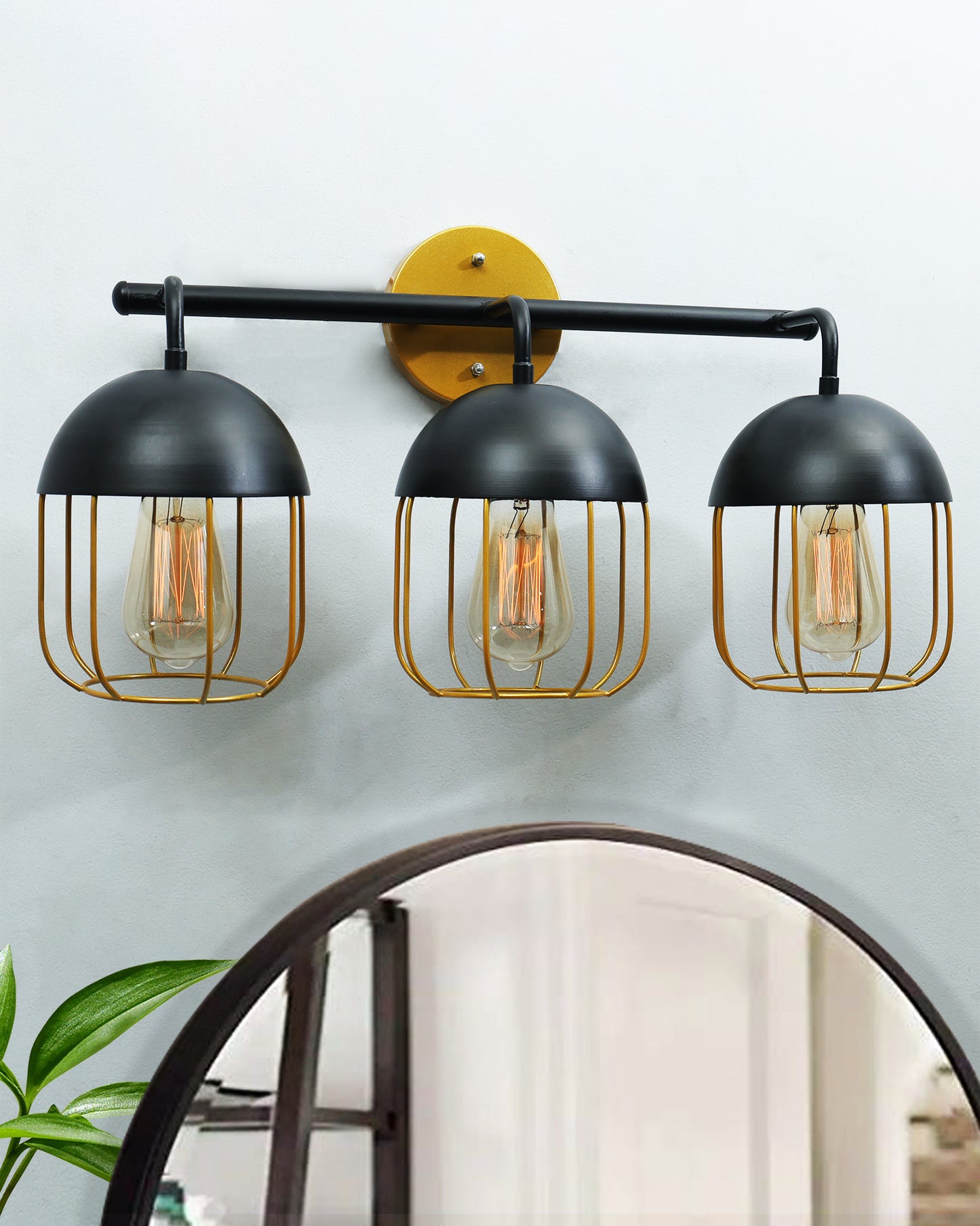 Cage Wall Sconce,Modern Bathroom Wall Light Fixtures 3 Light Bathroom Vanity Light, Fixture for Bathroom Lights Over Mirror, Farmhouse Black and Gold