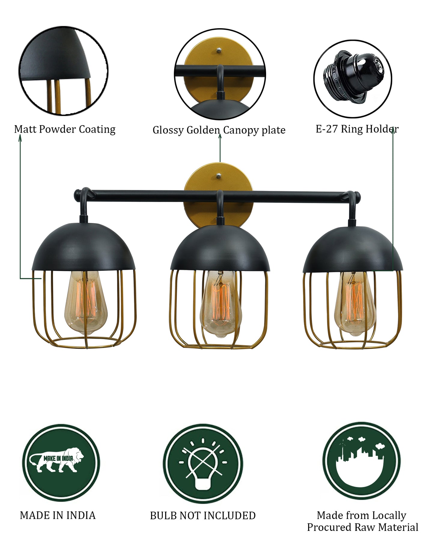 Cage Wall Sconce,Modern Bathroom Wall Light Fixtures 3 Light Bathroom Vanity Light, Fixture for Bathroom Lights Over Mirror, Farmhouse Black and Gold