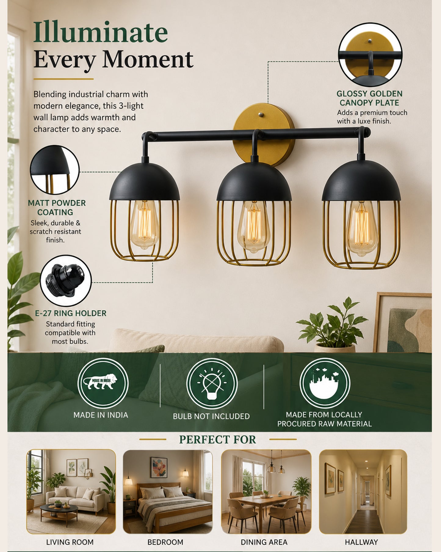 Cage Wall Sconce,Modern Bathroom Wall Light Fixtures 3 Light Bathroom Vanity Light, Fixture for Bathroom Lights Over Mirror, Farmhouse Black and Gold