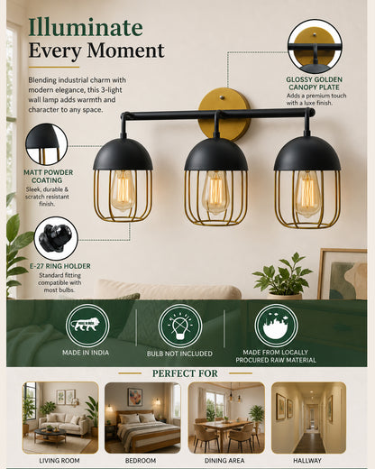 Cage Wall Sconce,Modern Bathroom Wall Light Fixtures 3 Light Bathroom Vanity Light, Fixture for Bathroom Lights Over Mirror, Farmhouse Black and Gold