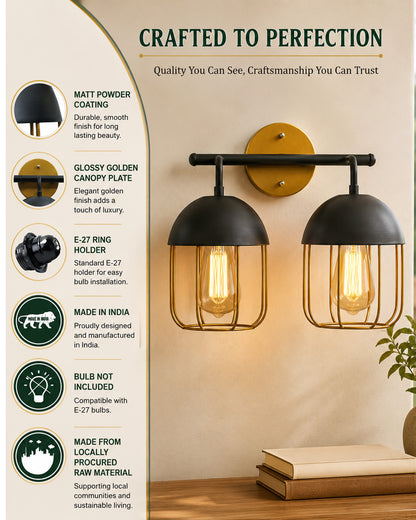 Cage Wall Sconce,Modern Bathroom Wall Light Fixtures 2 Light Bathroom Vanity Light, Fixture for Bathroom Lights Over Mirror, Farmhouse Black and Gold