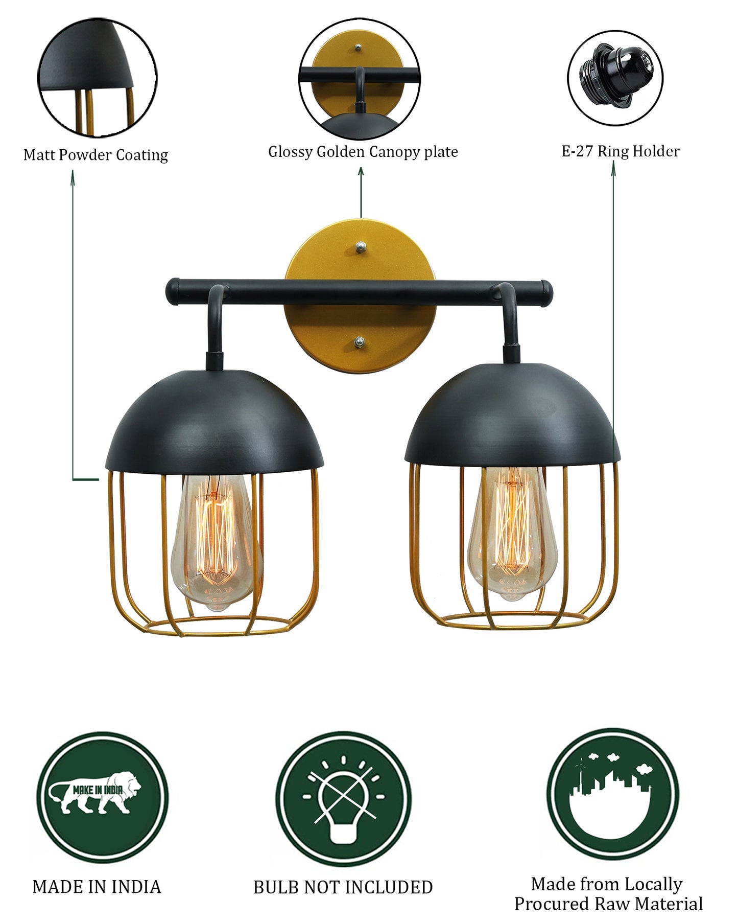 Cage Wall Sconce,Modern Bathroom Wall Light Fixtures 2 Light Bathroom Vanity Light, Fixture for Bathroom Lights Over Mirror, Farmhouse Black and Gold